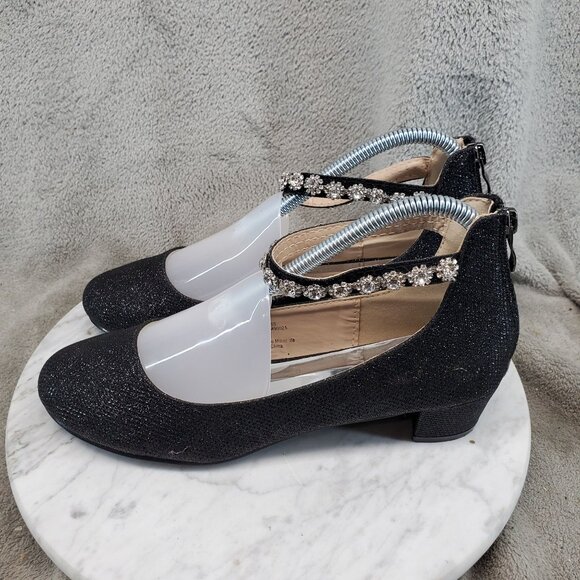 Badgledy Mischka Shoes Girls Size 5 Black Faux Leather Paige Rhinestone Pumps - Picture 1 of 11